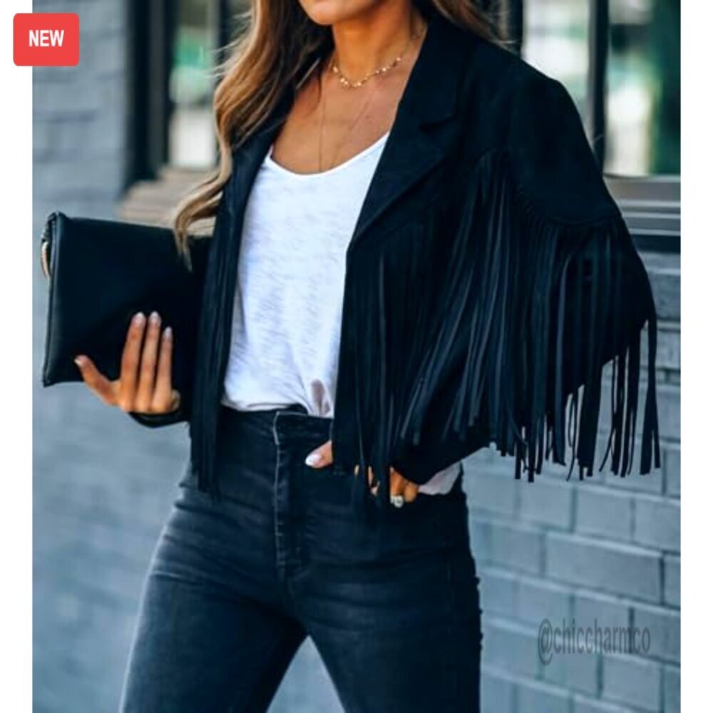 Faux Suede Cropped Fringe Jacket Women's Western Motorcycle Style - Picture 4 of 7